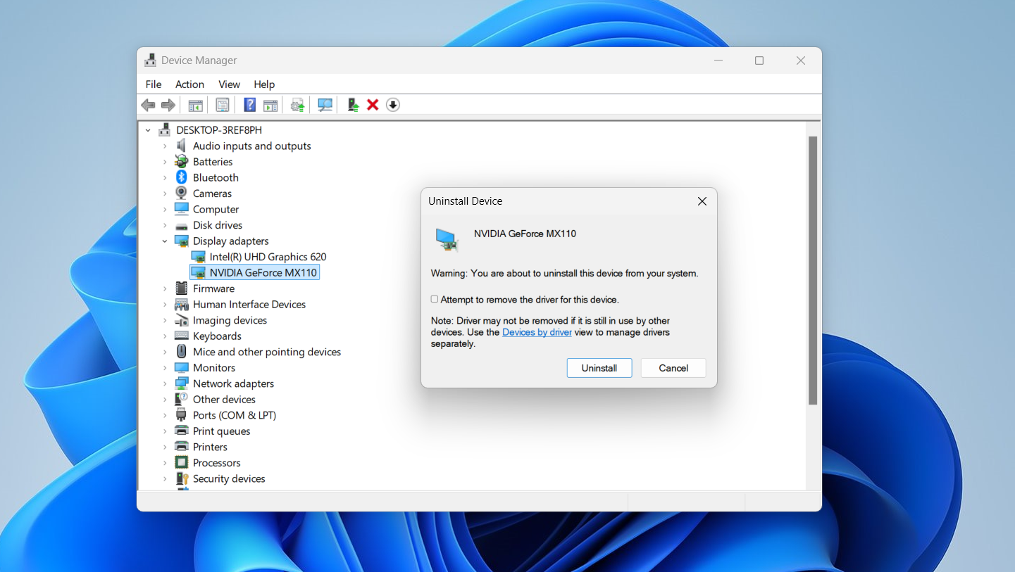 Подтверждение удаления драйвера NVIDIA