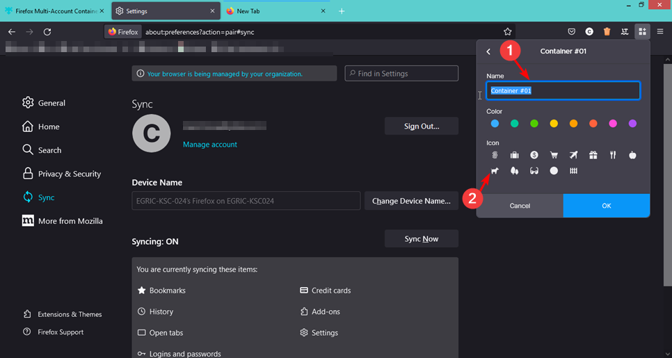 Редактирование контейнера: выбор цвета и иконки