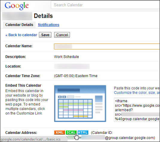 Кнопка iCal в настройках календаря для получения ссылки