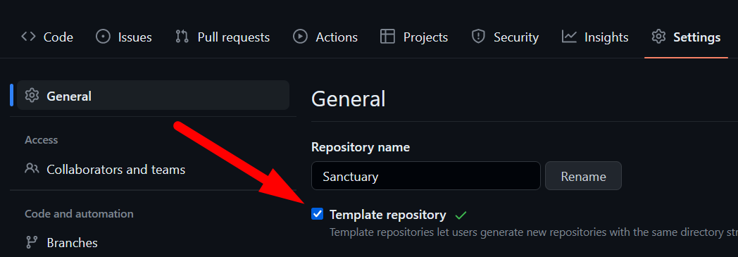 Параметр «Template repository» в настройках репозитория GitHub