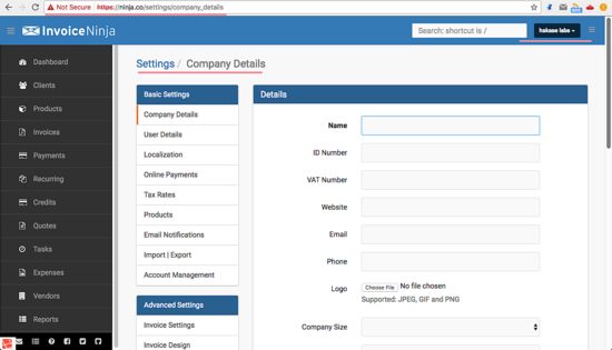 Страница настроек Invoice Ninja