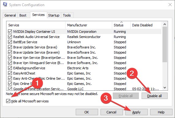Scheda servizi con opzione per nascondere servizi Microsoft