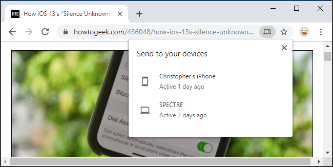 Визуализация отправки вкладки между устройствами в Chrome