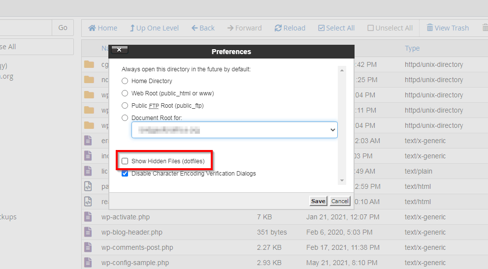 Настройки cPanel для показа скрытых файлов