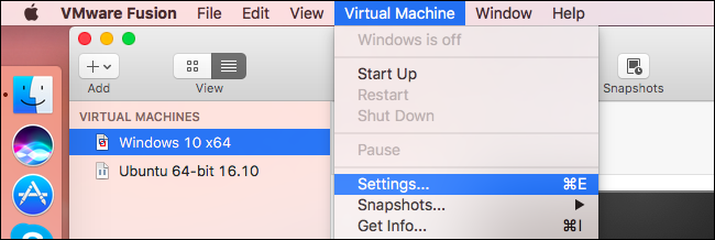 Выбор виртуальной машины и настройки в VMware Fusion