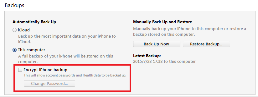 Опция шифрования резервной копии в iTunes с полем ввода пароля