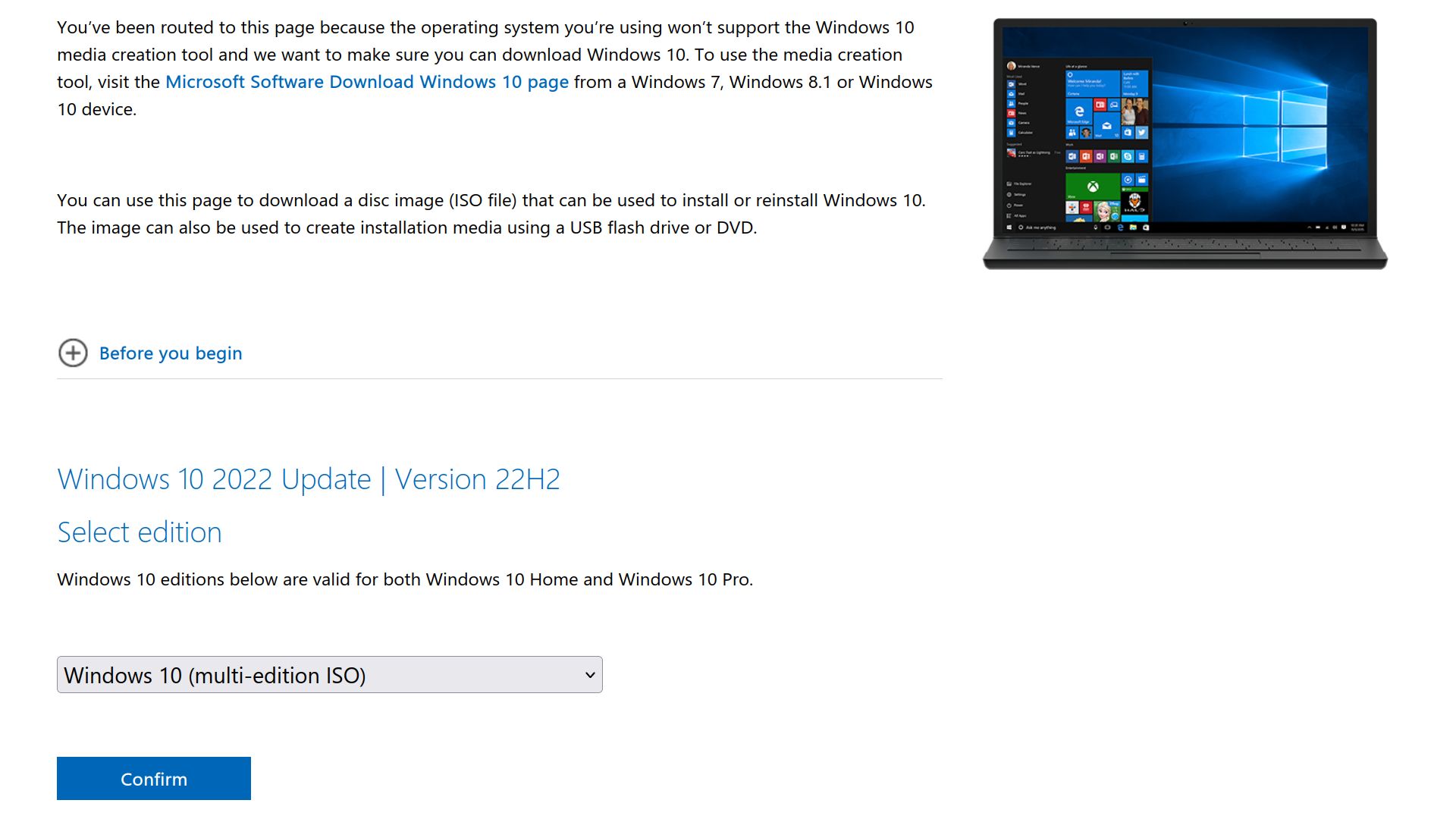 Windows 10 ISO download webpage