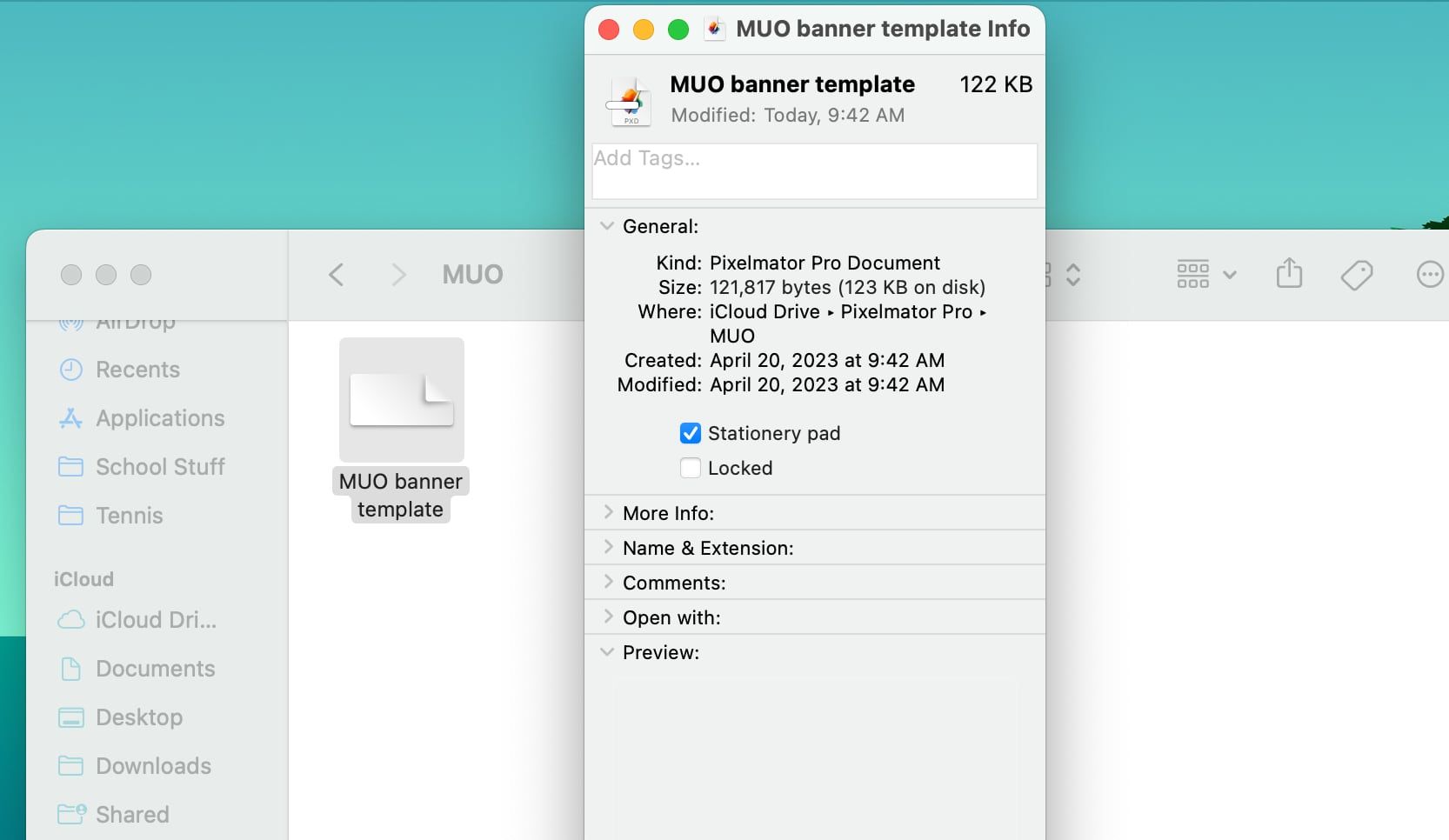 Окно «Сведения» в macOS с опцией Stationery pad