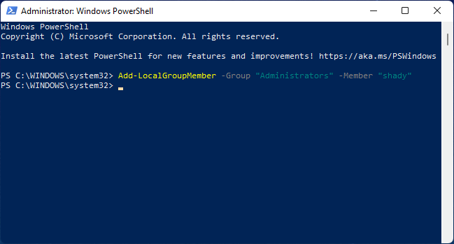 Запуск команды PowerShell, добавляющей пользователя в группу Администраторы.