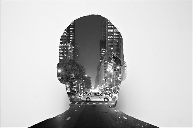 Пейзаж замаскирован по силуэту портрета