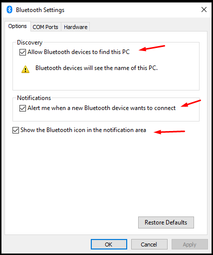 Выберите все три опции в окне параметров Bluetooth