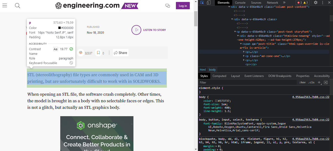 Инспектор показывает параметры шрифта при наведении