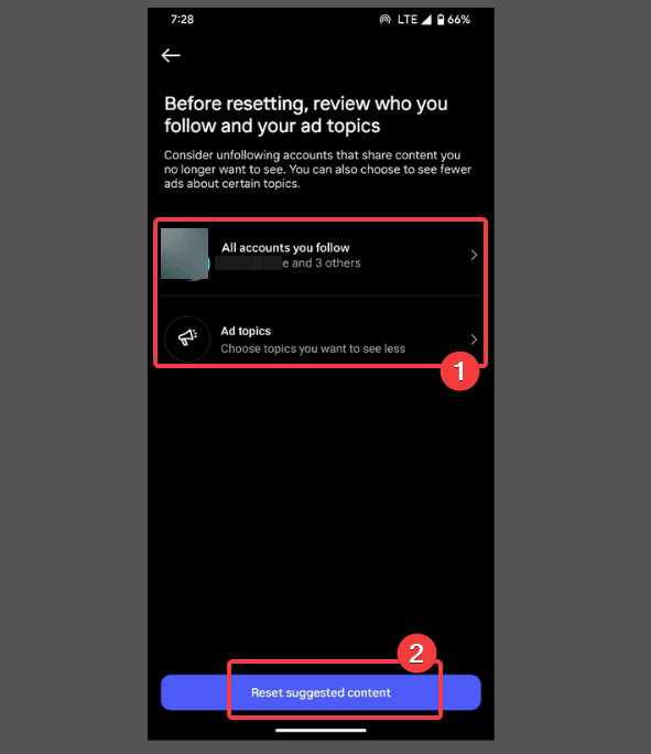 Просмотр аккаунтов, на которые вы подписаны до сброса