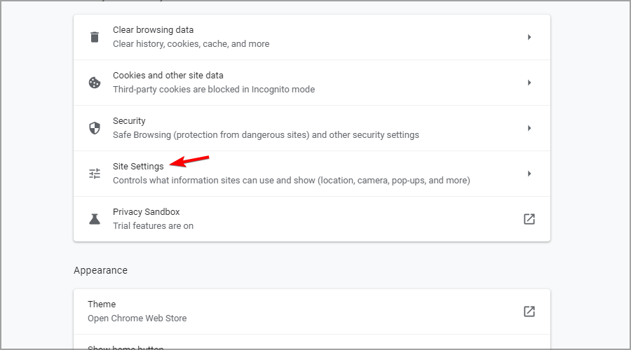 Раздел «Настройки сайтов» в Chrome