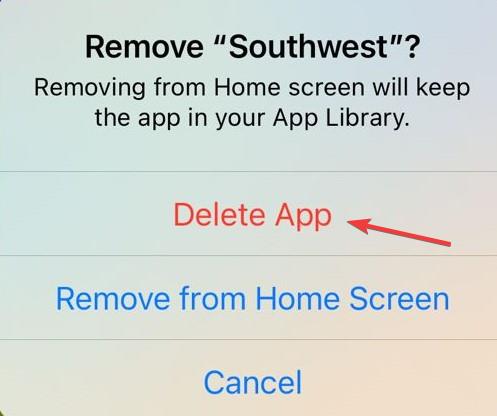 Подтверждение удаления приложения Southwest на iPhone