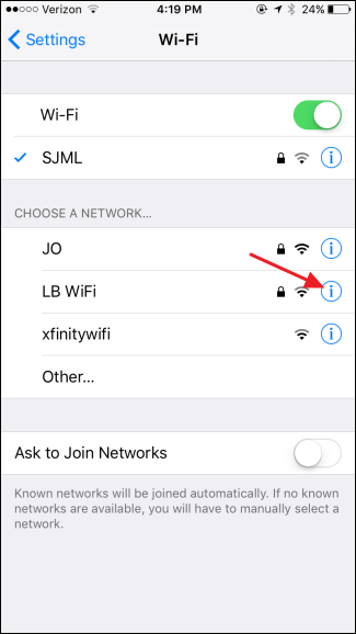 Кнопка информации рядом с сетью в списке сетей
