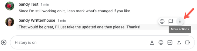 Дополнительные действия для сообщения Google Chat