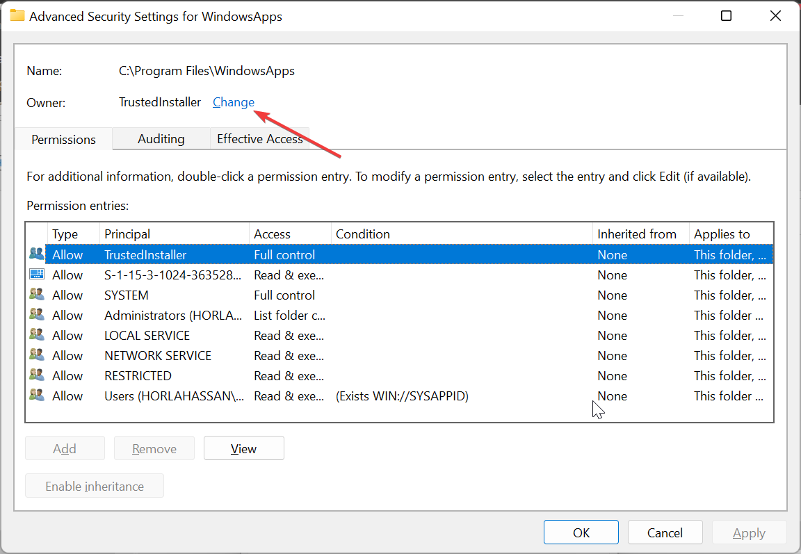 Ссылка 'Изменить' владельца в свойствах безопасности