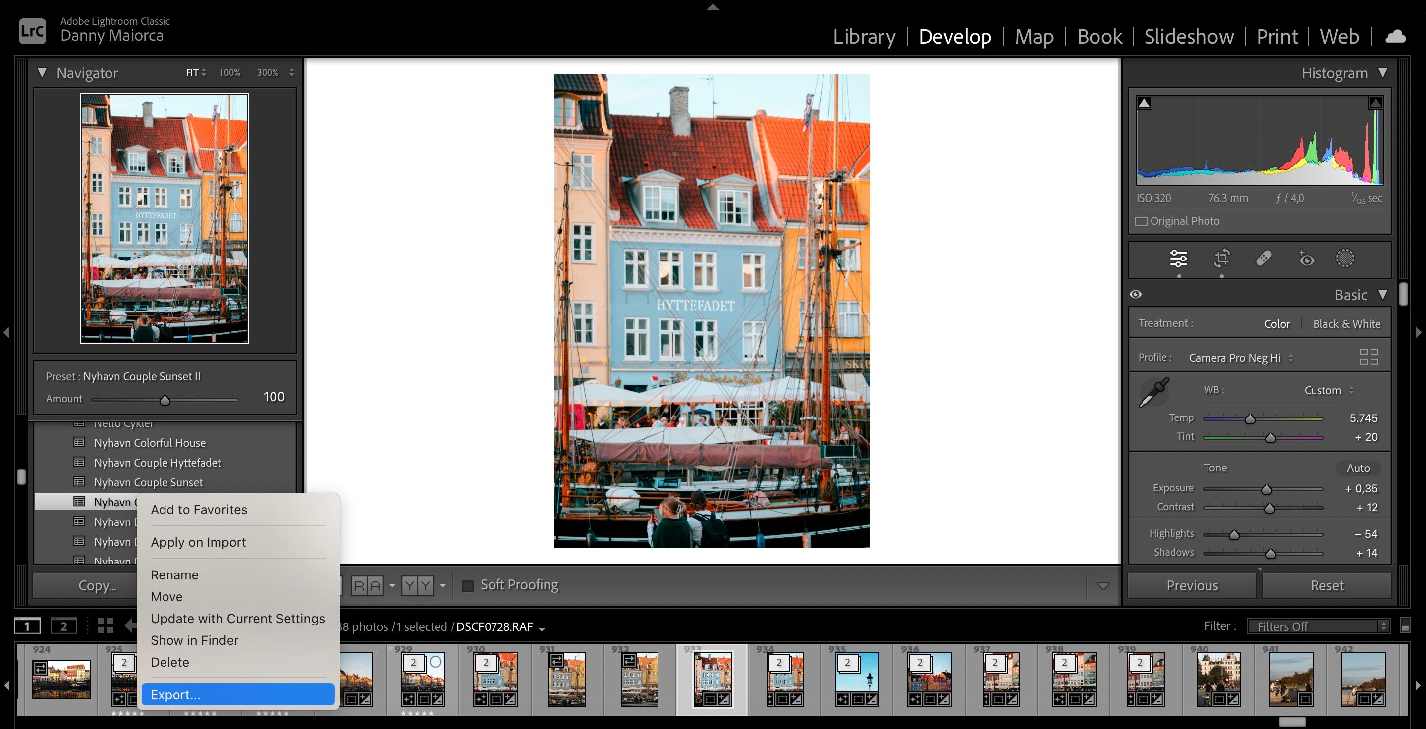 Меню экспорта пресета в Adobe Lightroom
