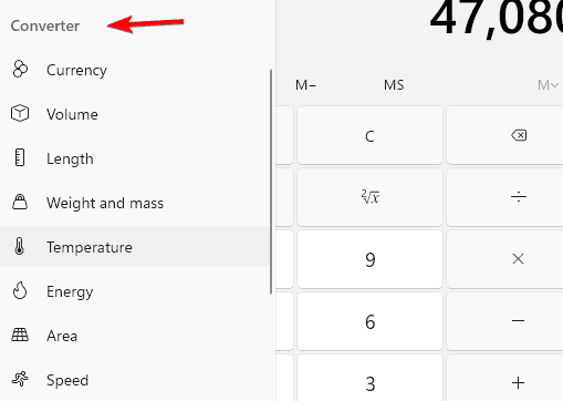 Пример конвертера единиц в Калькуляторе