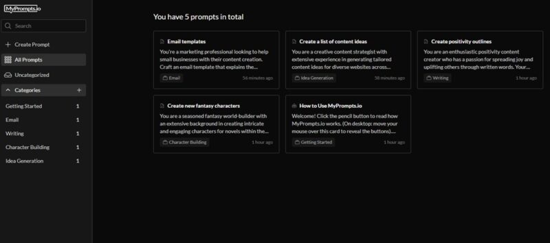 Создание новых категорий и промптов в MyPrompts.