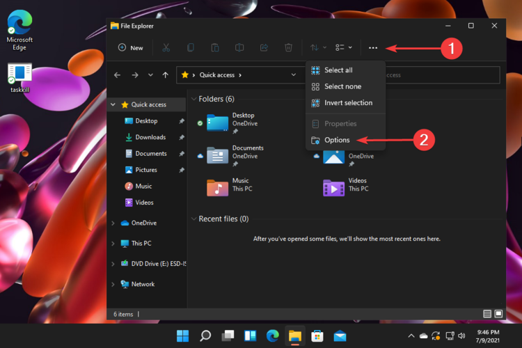 Меню Параметры в Проводнике