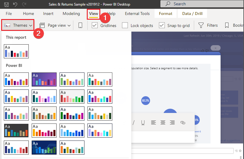 Меню выбора темы в ленте Power BI