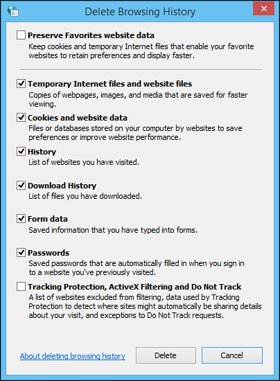 Окно настроек Internet Explorer для удаления кэша