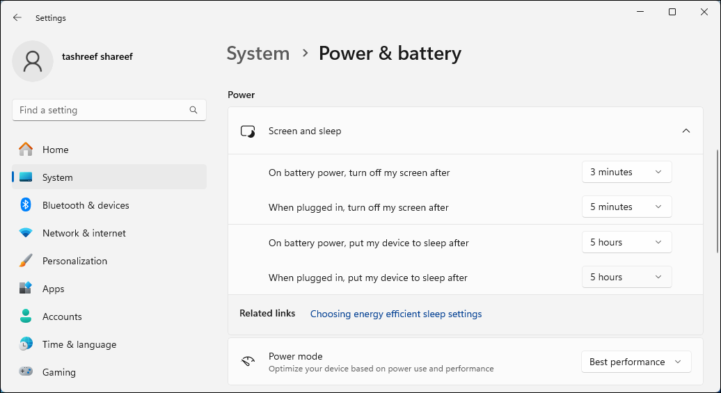 Настройки экрана и сна в Windows 11