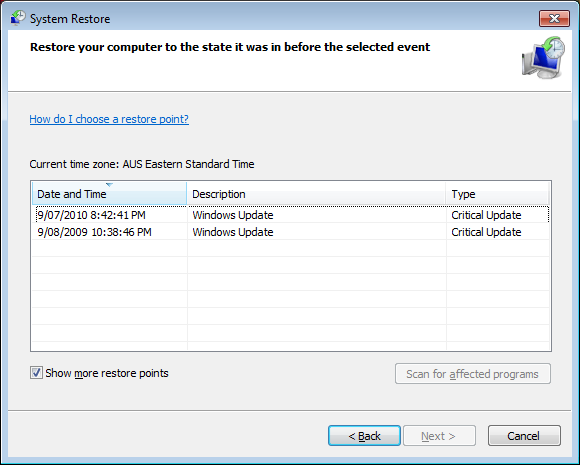 Список точек восстановления в Windows 7