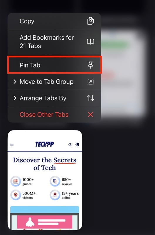 Закрепление вкладки Safari в iOS 16