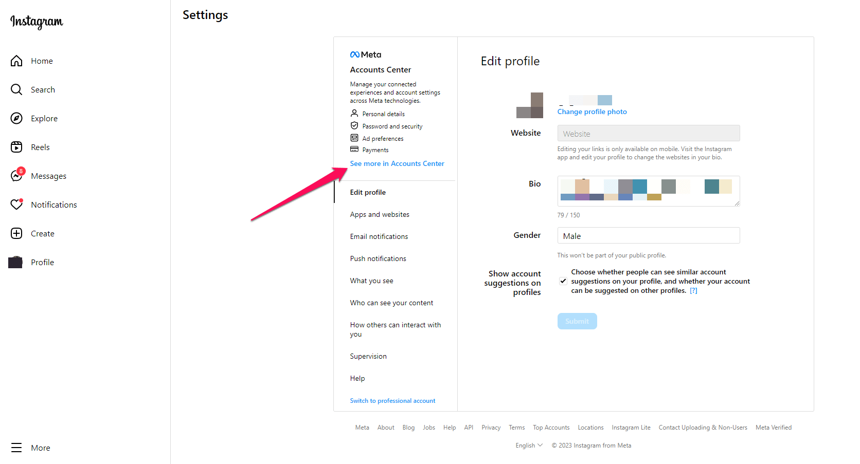 Пункт меню Центр учётных записей в Instagram