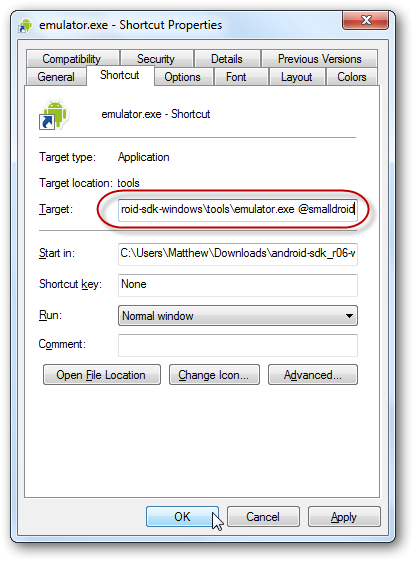 Пример: добавление имени AVD в строку Target ярлыка