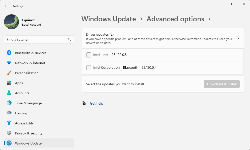 Раздел драйверов на экране «Обновление Windows». 