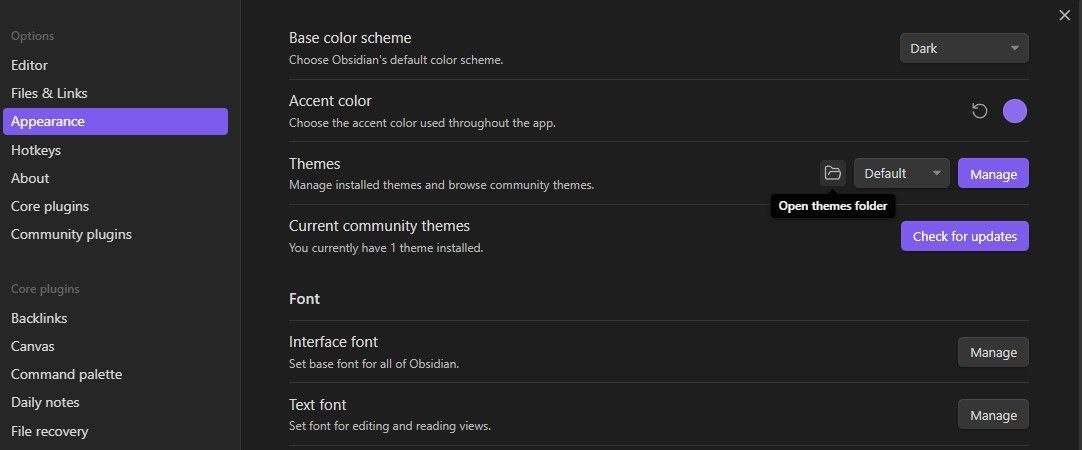 Открытие папки тем Obsidian в проводнике системы