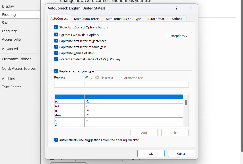 The AutoCorrect dialog box in Microsoft Word on Windows, with the
