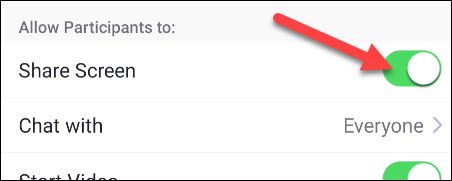 Переключатель 'Разрешить демонстрацию экрана' в мобильном Zoom