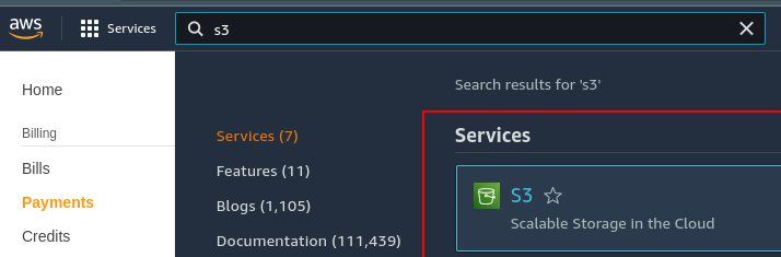 Страница с результатами поиска сервисов AWS, включая S3