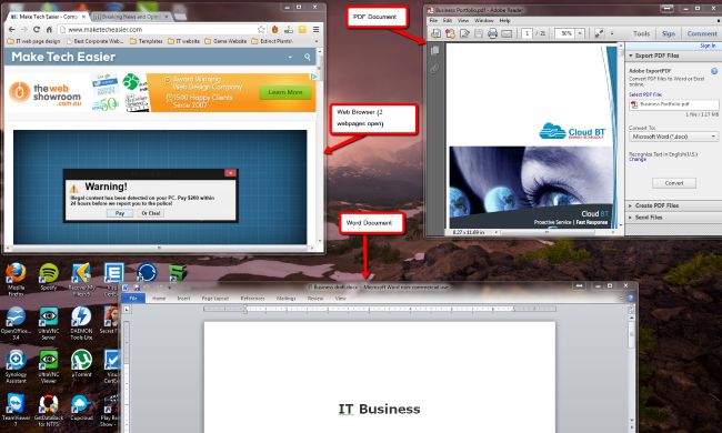 Пример открытых приложений: браузер и документы; отмечена иконка Cup