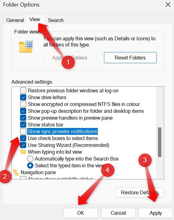 Отключение уведомлений поставщиков синхронизации в Параметрах папок.