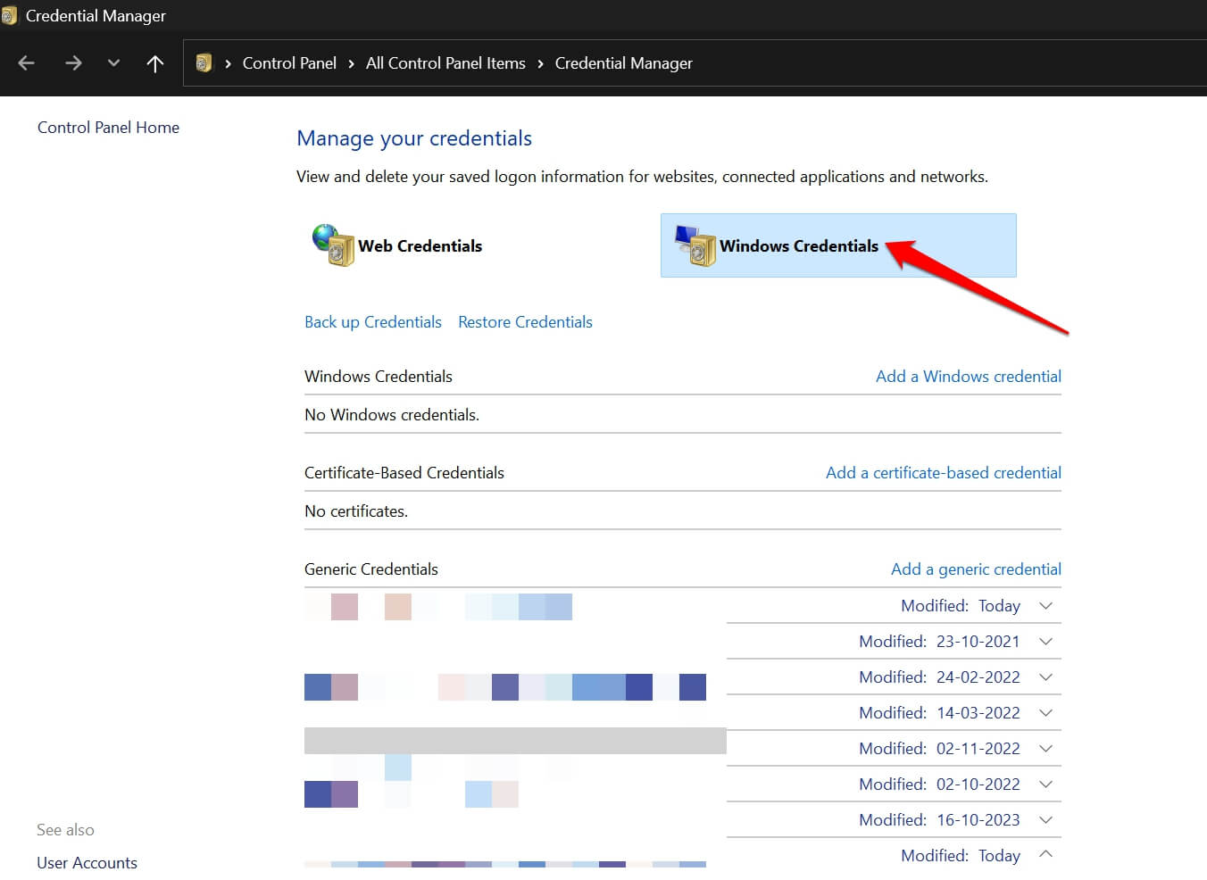 Учётные данные Windows, где можно удалить записи Teams