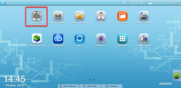Панель управления QNAP в веб-интерфейсе QTS.