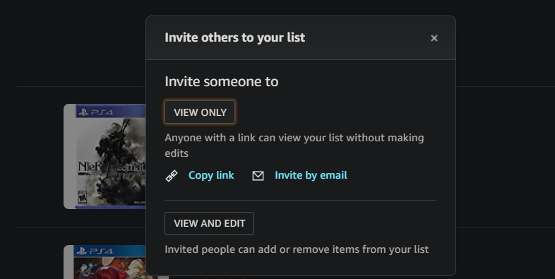 Форма отправки ссылки для совместного доступа к списку