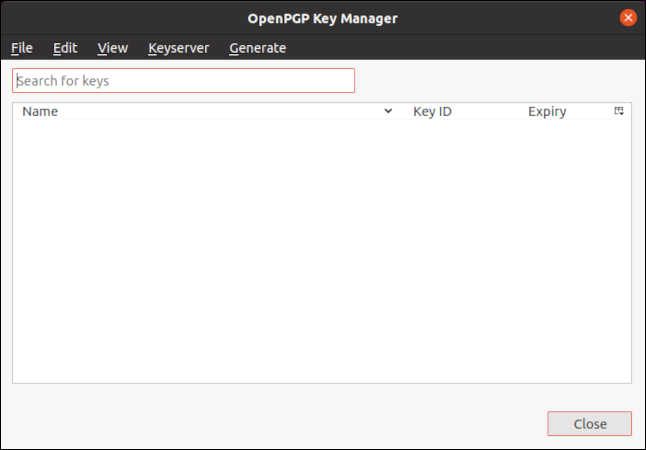 Диалог Disptacher OpenPGP Key Manager