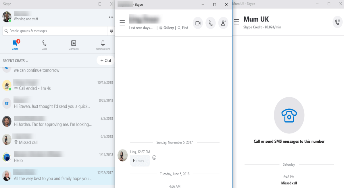 Интерфейс Skype в режиме разделённого экрана, список контактов