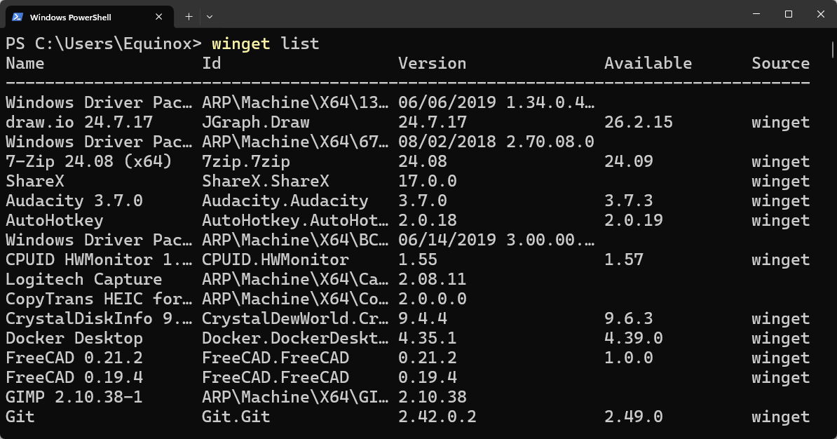 Вывод команды winget list в терминале.