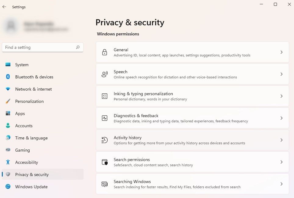 navigating to activity history in settings