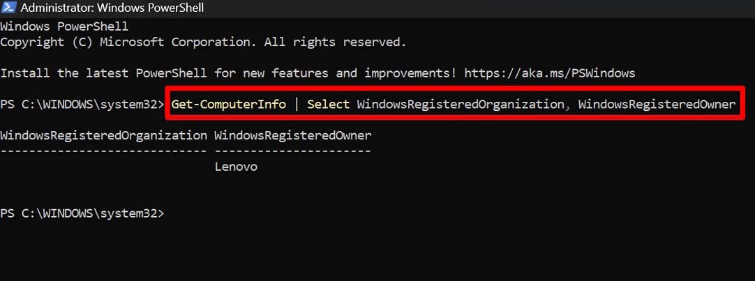 Скриншот: результат запроса Get-ComputerInfo с выбором полей RegisteredOrganization и RegisteredOwner