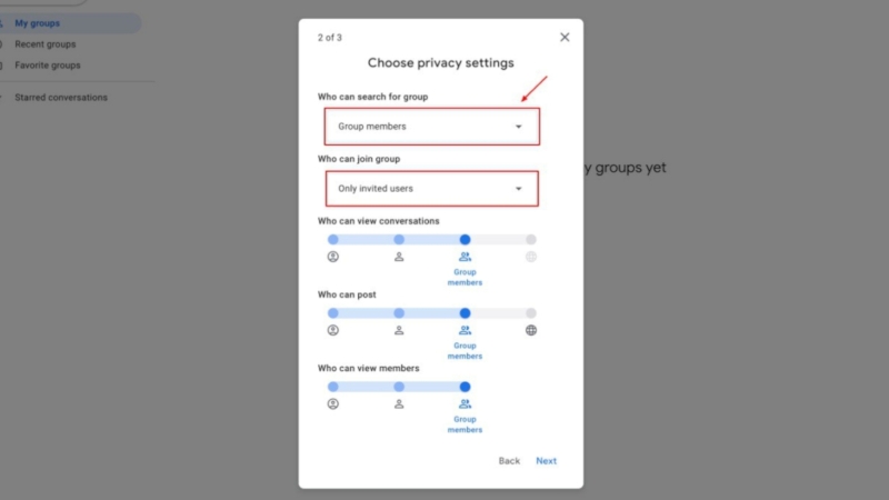 Настройка параметров группы в Google Groups