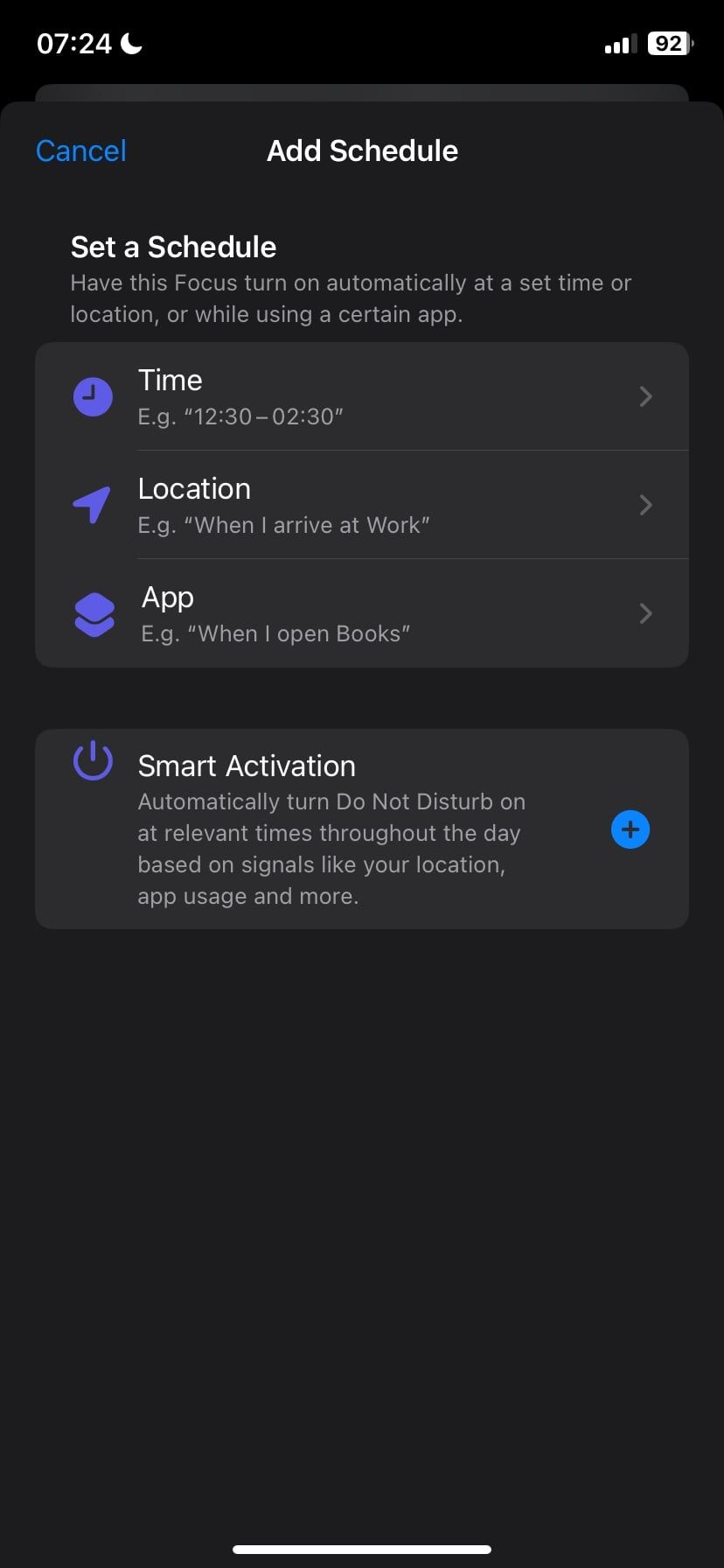 Установка расписания для «Не беспокоить» в настройках iPhone.